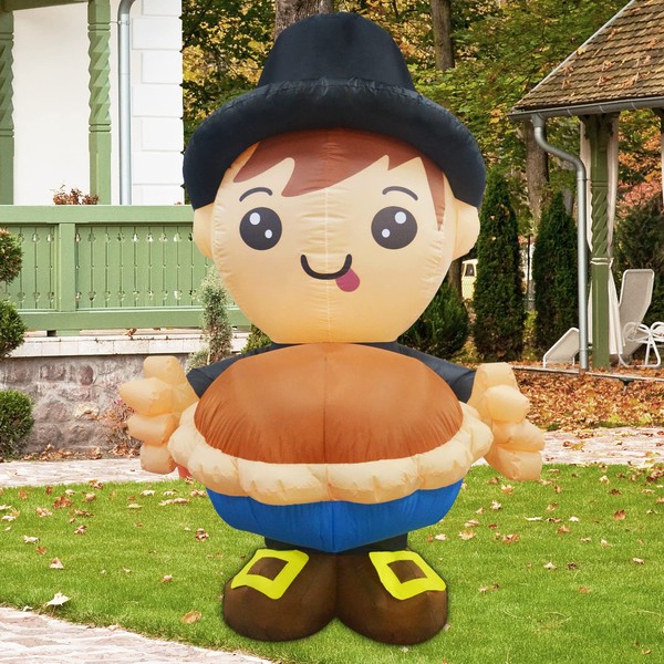 GOOSH 6 FT Height Thanksgiving Inflatables Boy Holding a Pumpkin Pie, Blow Up Yard Decoration Clearance with LED Lights Built-in for Holiday/Party/Yard/Garden