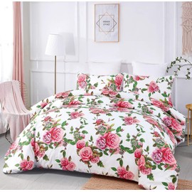 DaDa Bedding Romantic Roses Floral Duvet Cover Set - Lovely Spring Garden Pink w/Pillow Cases - Bright Vibrant Colorful Blooming Flowers - Soft Comforter Cover w/Corner Ties - Cal King - 3-Pieces