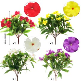 FERIAL4PCS Artificial Impatiens Bouquet Multicolor Faux Impatiens Bushes Silk Flowers Greenery for Patio Lawn Garden Wedding Photo Outdoors Pot Hanging Basket Porch Decoration