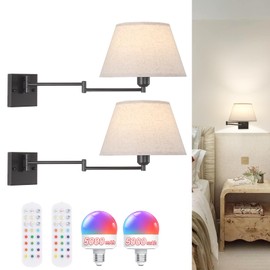 Shenmoyl Battery Operated Wall Sconces Set of 2, Swing Arm Adjustable Wall Lamp 5000 mAh Rechargeable Bulb with 12 RGB Colors Dimmable Wall Sconce for Living Room Bedroom