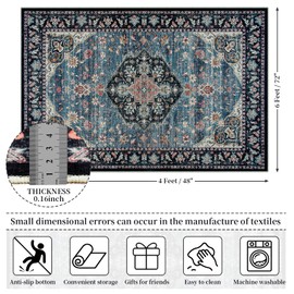 Amearea Vintage Design Navy Blue Area Rugs for Living Room, 4x6 Machine Washable Floral Collection Traditional Bedroom Rug, Low Pile Dinning Room Carpet, No Slip Office Kitchen Home Decor, Navy Blue