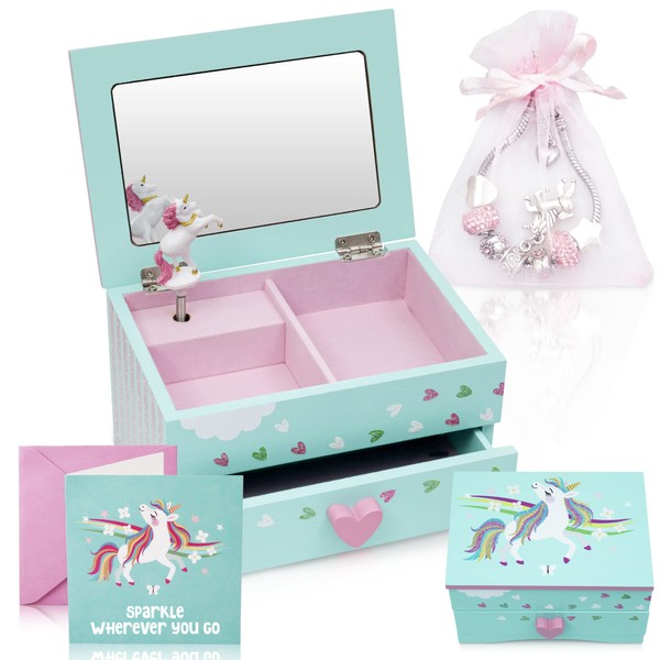 Amitié Lane Unicorn Musical Jewellery Box for Girls - Unicorns Gifts For Girls, Music Box For 5 Year Old Birthday Gifts or Ages 6, 7, 8, Kids Jewellery Box, Unicorn Bedroom Decor For Little Girl: Mint