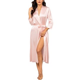 Ekouaer Silk Robes Dressing Gowns for Women Long Bridesmaid Wedding Party Satin Robes Nightwear Kimonos with Pockets, Pink, M