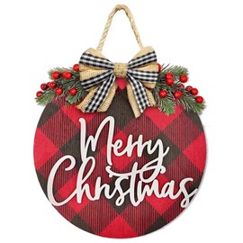 Merry Christmas Sign for Front Door, 3D Buffalo Plaid Christmas Sign with Burlap Bow-Knot, Christmas Wreath for Front Porch Indoor Outdoor Decorations (Buffalo plaid)