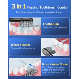 Electric Toothbrush with Water Flosser Combo in One - 3 in 1 Professional Sonic Flossing Toothbrush, 5 Replacement Heads, 3 Modes & 5 Speed, Rechargeable&Portable Teeth Cleaning Kit for Adults, 500ML