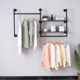 EDCB Industrial Pipe Wall-Mounted Clothing Rack with 2 Wood Shelves - Heavy Duty Double Rod Metal Garment Organizer for Bedroom/Retail Stores, Black (30H×12.5D×59W inch)