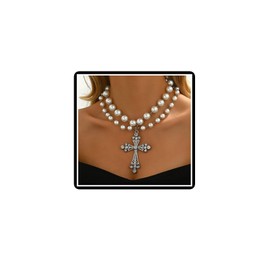 Crystal Pearl Cross Necklace Vintage Layered Faux Pearl Pendant Necklace Rhinestone Crucifix Jewelry for Women (White)