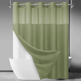 SORTTO SORTTO No Hook Slub Textured Shower Curtain with Snap in Liner - Sage Green Fabric Outer Curtain & Waterproof Inner Liner, Hotel Style with See Through Top Window, 71x86 in