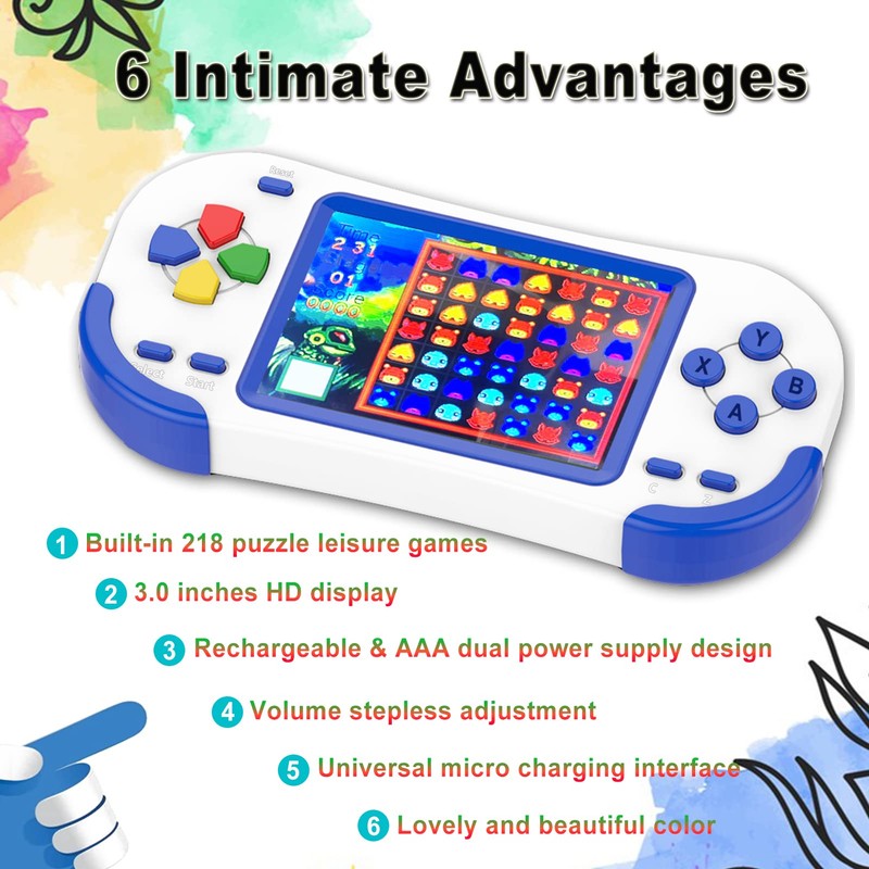 Douddy レトロハンドヘルドゲームコンソール 子供用 4~12歳 218パズル内蔵 レジャービデオゲーム 充電式 3.0インチスクリーン 電子機器ゲームプレーヤー おもちゃ