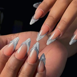 French False Nails Almond Press on Nails Medium Length 3D French Tip Fake Nails Silver Nails Full Cover Acrylic Nails Artificial Coffin Nails DIY Stick on Nails Set Glue on Nail for Women 24Pcs