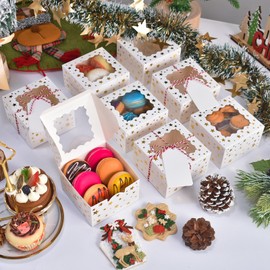 DOYIDE 32Pcs 4x4x2.5 in Christmas Cookie Boxes with Window, White Bakery Boxes for Cookie, Treat Boxes Pastry Boxes for Gift Giving, Chocolate Covered Strawberries, Dessert, Donut, Cupcakes Muffins