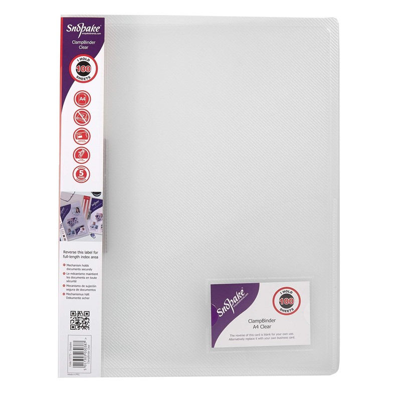 Snopake A4 Clear Premium ClampBinder [Pack of 1] 100 Sheet