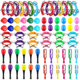 Silipull 36 Pcs Shaker Musical Instruments Set for Kids Early Music Learning Toy Bulk Egg Shaker Wrist Hand Band Bells Maracas Percussion Tambourine Cymbals Plastic Castanets for Preschool