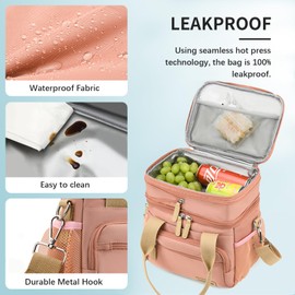 YAKUNCL Insulated Lunch Bag for Women/Men 16L Lunch Bag, Expandable Cooler Bag, Reusable Adult Lunch Box, Leak Proof Lunch Tote with Adjustable Shoulder Strap, Suitable for Work, Travel (Pink)
