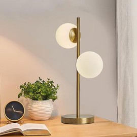 Kardleen Mid Century Table Lamp Modern Globe Table Lamp for Bedroom, Gold Nightstand Light for Offices Contemporary Living Room Decor 2 LED Globe Lights