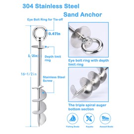 Abimars Sand Anchor Kit 16-1/2", 304 Stainless Steel Triple Spiral Auger Boat Anchor to The Beach and Sandbar, for Any Watercraft Up to 25’