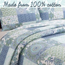 Cozy Line Home Fashions Blue Fleur-de-lis Stylish Floral Aqua Blue Patchwork 100% Cotton Reversible Bedding Quilt Set, Bedspread, Coverlet (Peace Love, Queen - 3 Piece)
