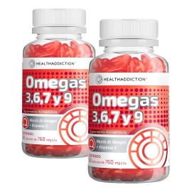 HEALTHADDICTION - 2 Pack Omega 3-6-7-9 con Aceite de Pescado, Linaza, Oliva y Prímula + Vitamina E | Suplemento Alimenticio para Bienestar General, Piel y Corazón | 120 Cápsulas c/u de 760 mg