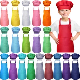 Handepo 40 Pcs Apron Chef Hat Set Aprons Chef 's Bib Apron Hats Bulk for Cooking Painting 7-13 Years(Multi Color)