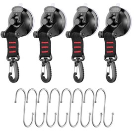 OCR 4 Pack Vacuum Suction Cup, Heavy Duty Sucker Cup Anchor with 8 Securing S Hook, Car Tensioner for Camping Car Mount Tents Luggage Tarps Car Side Awning (with Red Webbing Hook)