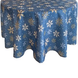 Lintex Blue Farmhouse Snowflake Fabric Christmas Tablecloth - Blue, Gold and White Country Rustic Holiday Tablecloth, 70” Round