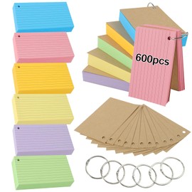 Flash Cards,600 PCS Multicolor Index Cards Revision Cards with 6 Binder Rings, 4.9 * 2.9 Inch Kraft Paper Flashcards Lined Record Cards Study Cards for Office Home School Learning