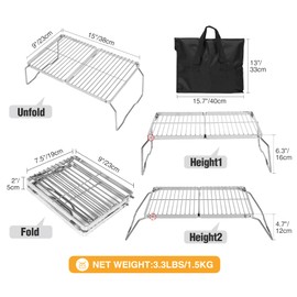 REDCAMP Folding Campfire Grill 304 Stainless Steel Grate, Adjustable Height Portable Camping Grill with Carrying Bag for Outdoor Cooking BBQ