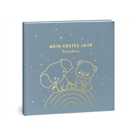 My First Year Baby Album - High-Quality Linen Book with Gold Embossing for the Most Beautiful Memories - Baby Book to Enter for the First Year of Life - Baby Gift for Birth (Rainbow Blue)
