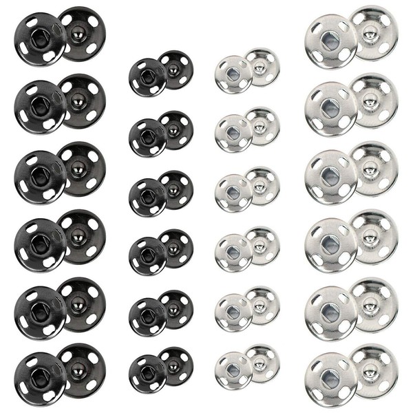 Kenkio 120 Sets Sew-on Snap Buttons Metal Snaps Fasteners Press Studs Buttons for Sewing, 8 mm and 10 mm,Black and Silver