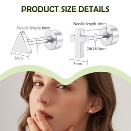 FACOKO Flat Back Earrings for Women, 2 Pairs Screwback Earrings, Titanium Crosses Earring Men, Hypoallergenic Silver Flatback Stud Earring, Triangle Earring Studs for Sensitive Ears