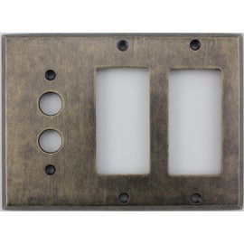 Aged Antique Brass 3 Gang Combination Switch Plate - 1 Push Button Light Switch Opening 2 GFI/Rocker Openings