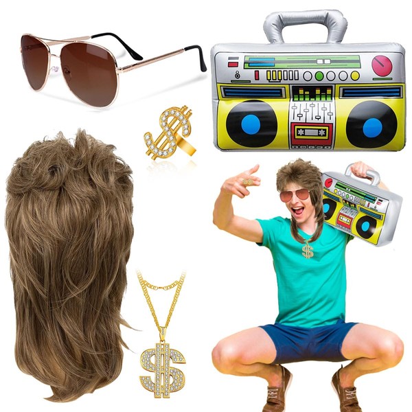 80s Outfit Men's Wigs, 5-in-1 Mullet Set with Inflatable Radio