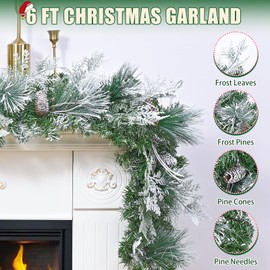 Christmas Garland Decorations-2 Pack 5.9 FT Artificial Flocked Pine Garland for Mantle, Real Touch Norflok Pine with Frost Leaves and Pinecones Realistic Garland for Indoor Outdoor Xmas Home Decor