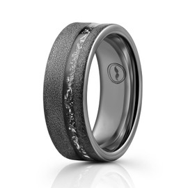 Gentlemen's Bands Premium All Black Sandblasted Tungsten Wedding Band with Meteorite Inlay | Wedding Ring Is Ideal Gift | Package Includes Silicon Band, Walnut Box, Leather Pouch | Size 8.5