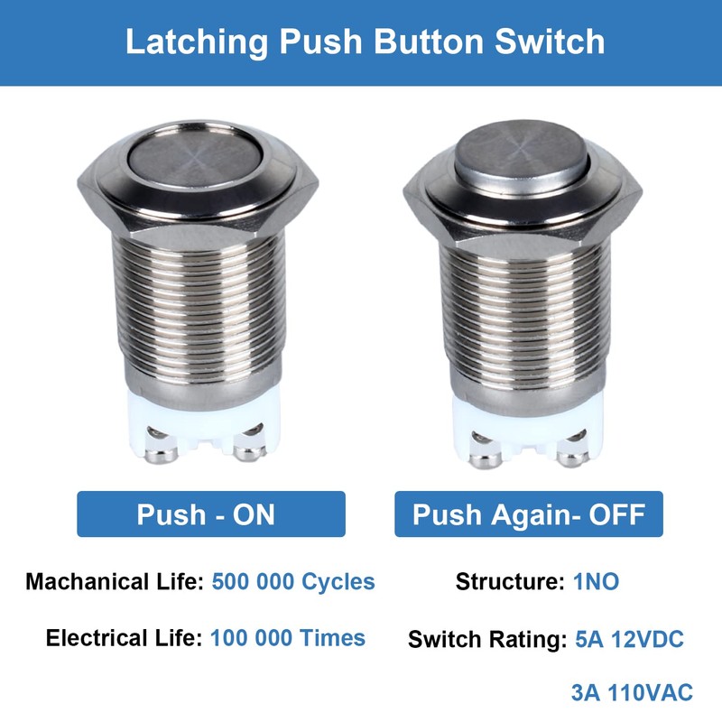 DMWD 2-Pack 19mm Latching Metal Waterproof Push Button Switch ON-Off