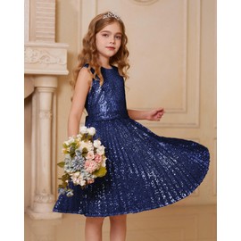 GRACE KARIN Navy Blue Dress for Girls Size 6-7 Sequin Ruffle Prom Kids Party Formal Dress