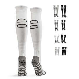 Adult Grip Socks Soccer Men and Women, Pre Cut Breathable Double Hole Professional Football Socks, Anti Slip Knee High Athletic Socks for Hockey, Baseball, Softball, Volleyball(1 Pair，White)