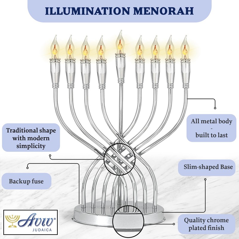 Aviv Judaica Large Branched Electric Menorah Chrome-Plated Polished 15" Tall