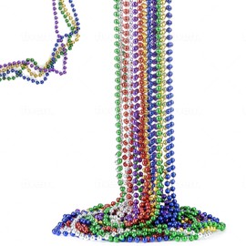 FAVONIR Colorful Assorted Beaded Necklace 24 Pack Of Metallic Round Mardi Gras Costume Necklace Accessory 33 Inch 7 mm– For Events And Party Favor Novelty