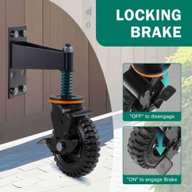 YeeJinHong Heavy Duty 8" Gate Wheel with Brake,360° Spring Shock Absorbing Fence Wheel for Metal/Wooden Gates, 600LB Capacity, Rubber & Metal, Includes Screws & Wrenches, Black