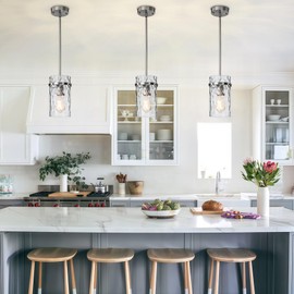 JIMKIGTO Glass Pendant Lights Kitchen Island,Brush Nickel Pendant Light Fixtures Over Island with Hammered Glass, Modern Kitchen Island Lighting for Dining Room Dining Light Fixture Foyer 1 Pack