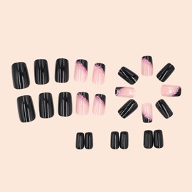 Press on Nails Medium Square Black False Nails Artificial Acrylic Nails Pink Glitter Powder Sequins Design French Fake Nails Full Cover Glossy Reusable Coffin Nails Glue on Nails for Women 24Pcs