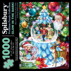 Bits and Pieces - 1000 Piece Jigsaw Puzzle for Adults - 20" x 27" - Blue Christmas Tree Snow Globe - 1000 pc Holiday Glow in The Dark Jigsaw by Artist Randy Wollenmann