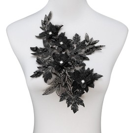 Silvora 3D Embroidered Flower Fabric Beaded Rhinestones Pearl Lace Applique, DIY Patches Accessory for Wedding Dresses，Neckline Bodice Pants(Black-Left)