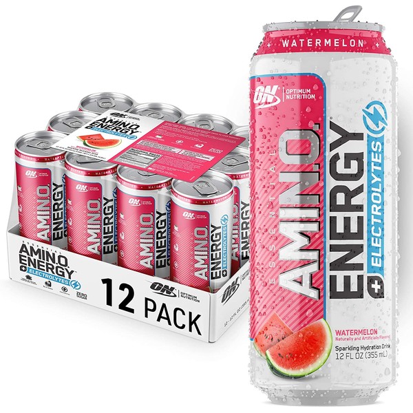 Optimum Nutrition Amino Energy + Electrolytes Sparkling Hydration Drink - Pre Workout, BCAA, Keto Friendly, Energy Powder - Watermelon, (Pack of 12)