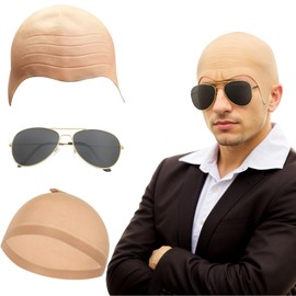 Bald Caps for Adults Men Women Costume Accessory Makeup Bald Head Wig Cap Costume Set Bald Cap Sunglasses, Mens Ladies Music Icon Famous Celebrity Fancy Dress Costume Accessory Set