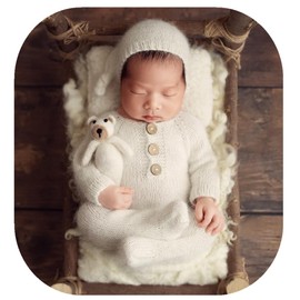 Vemonllas Newborn Photography Prop Baby Boys Girls Photoshoot Outfits Newborn Photo Knitted Romper Sleepy Hat Picture Outfit (Milky White)