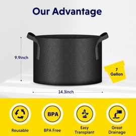 iPower 10-Pack 7 Gallon Plant Bags Heavy Duty Thickened Nonwoven Fabric Potato Growing Pot, Aeration Durable Container with Reinforced Strap Handles, Black