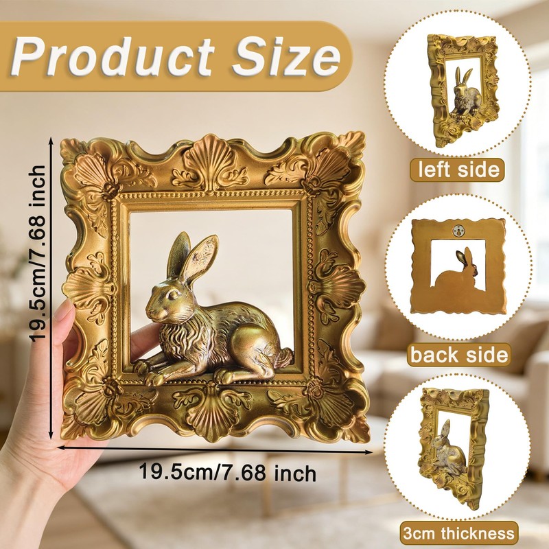 Rabbit Wall Decor with Gold Frame, Baroque Resin Bunny Wall