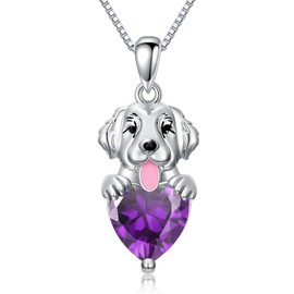 OUTANG Golden Retriever Dog Necklace with Synthetic Birthstone Dog Pendant Necklace Gift for Women (February(Amethyst))